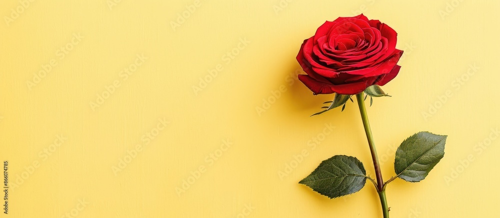 Leinwandbilder A stunning red rose displayed on a soft yellow backdrop with a white border, perfect for a creative greeting card. Top view with ample copy space image.