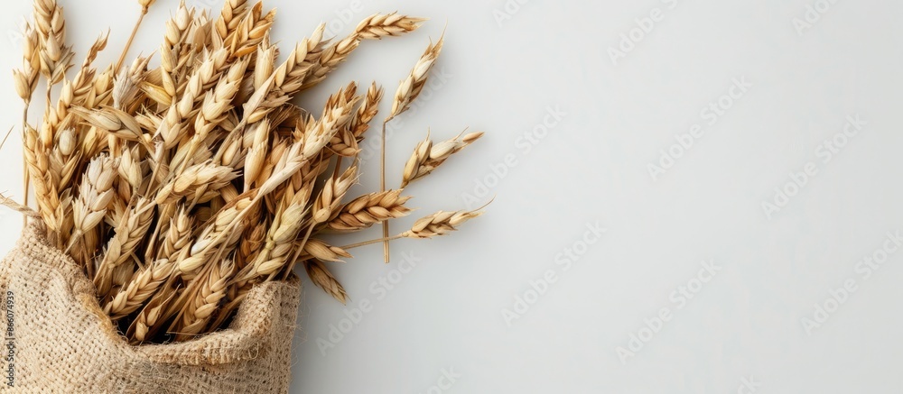 Poster Top view of a bunch of oat ears arranged in an eco-friendly bag on a white background, with space for image insertion. Copy space image. Place for adding text and design