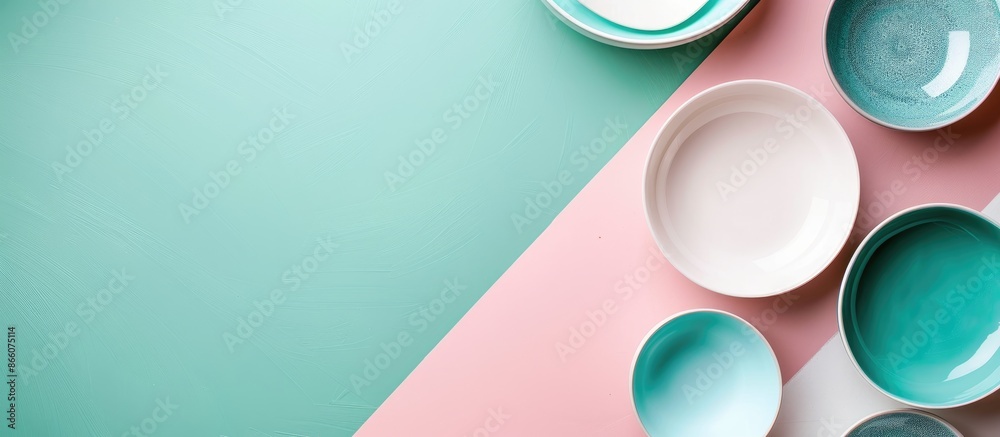 Leinwandbilder modern white and blue ceramic tableware arranged on a pink and green background in a top-down view w
