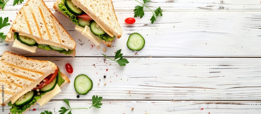 Leinwandbilder Flat lay view of delicious sandwiches with butter and cucumber on a white wooden table, perfect for adding text in the copy space image.