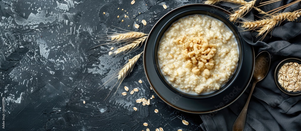 Aufkleber Top-down view of a delicious bowl of wheat porridge on a grey tabletop with ample space for adding text in the image.