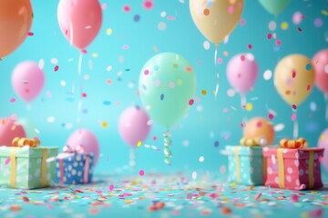A vibrant and joyous scene of colorful balloons, confetti, and presents against a blue background. Perfect for a childs birthday celebration. Generative AI