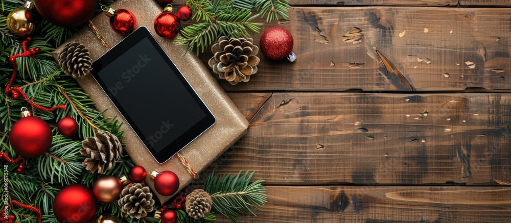 Poster festive christmas background featuring a digital tablet with ample copy space image.