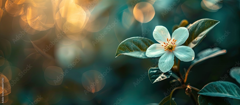 Poster a delicate flower blooming in a botanical garden, with a serene backdrop for a potential copy space 
