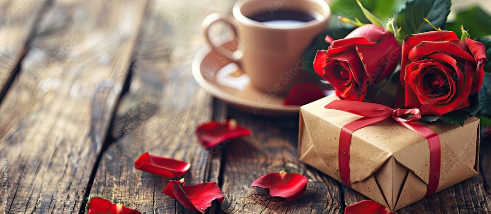 Poster valentine's day concept featuring a close-up of red roses and a gift box next to a coffee cup on a w