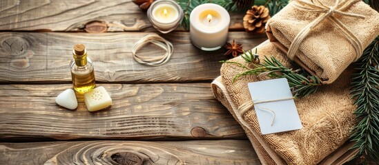 Wooden table with spa supplies and gift card, ideal for a copyspace image.