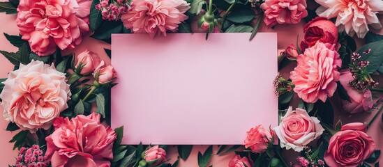 Obraz premium Directly above, a mix of rose and carnation blooms are displayed along with a pink sheet of paper for messages, offering a pleasing copy space image.
