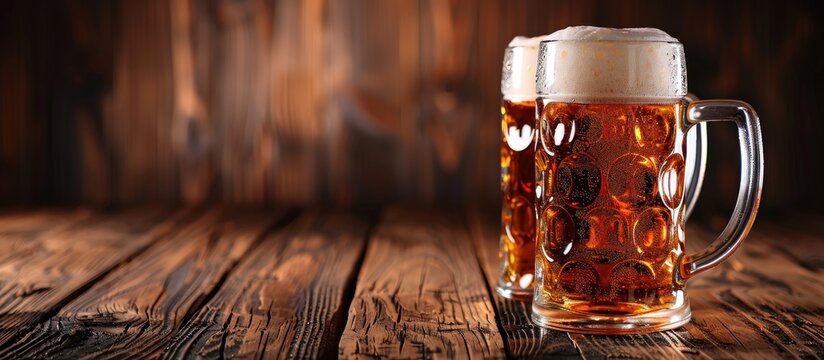 Close-up view of beer mugs on wood table with copy space image.