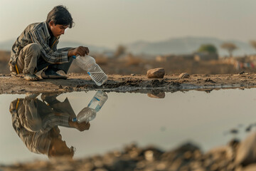 Naklejka premium Young man filling plastic bottle with water at a water hole