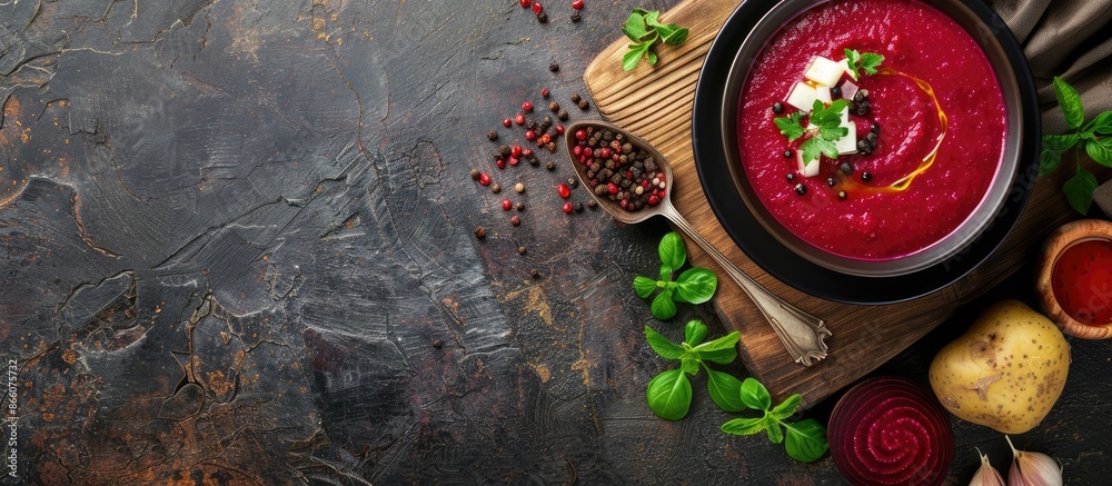 Poster Rustic top-view copy space image of a healthy first course, beetroot cream soup with beets, leeks, and potatoes arranged for a meal or snack.