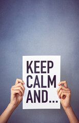 Person, hands and sign with poster for keep calm, message or board in studio on a gray background. Closeup of billboard or card for notification, alert or advertising of text or say on mockup space