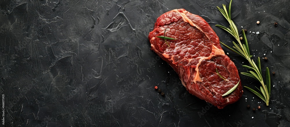 Poster Raw steak on black background, providing views from the side and above with space for text or images. Copy space image. Place for adding text and design