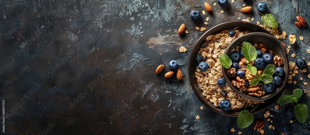 Aufkleber Gourmet morning meal featuring muesli, blueberries, and nuts on a rustic background, presented in a top-down view with empty space for text or graphics. Copy space image