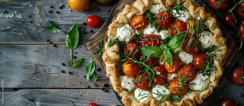 Poster overhead view of a rustic background showing a cherry tomato tart with homemade ricotta cheese, fres