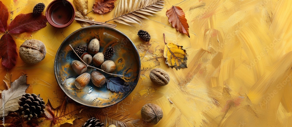 Poster Top view of an artistic fall arrangement with a plate on dry leaves, chestnuts, and various items against a yellow and ocher backdrop, ideal for adding text. Copy space image