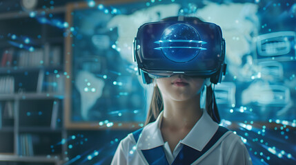 A school student with a VR headset explores AI and machine learning, experiencing the latest in interactive technology within the classroom.