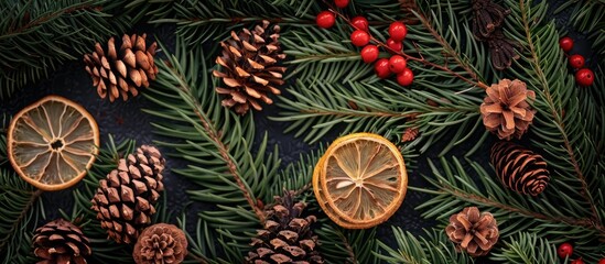 Fototapeta premium Top-down view of Christmas fir branches adorned with cones, viburnum berries, and a dried lemon slice, providing ample space for inserting text in the image.