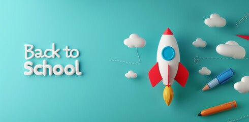 3D cartoon rocket with school elements flying on a light green background