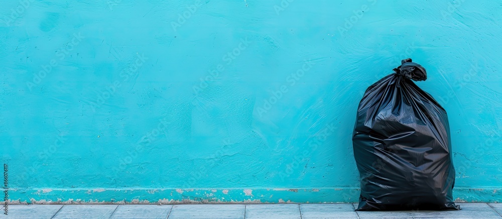 Poster garbage bag positioned beside blue wall in photo with copy space image.