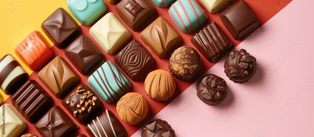 Leinwandbilder top view of a variety of premium chocolates on a colorful background, emphasizing health and obesity