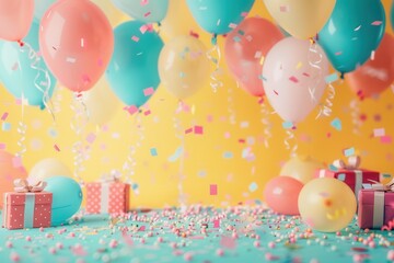 A vibrant image of a birthday party scene featuring colorful balloons, confetti, and presents. Generative AI