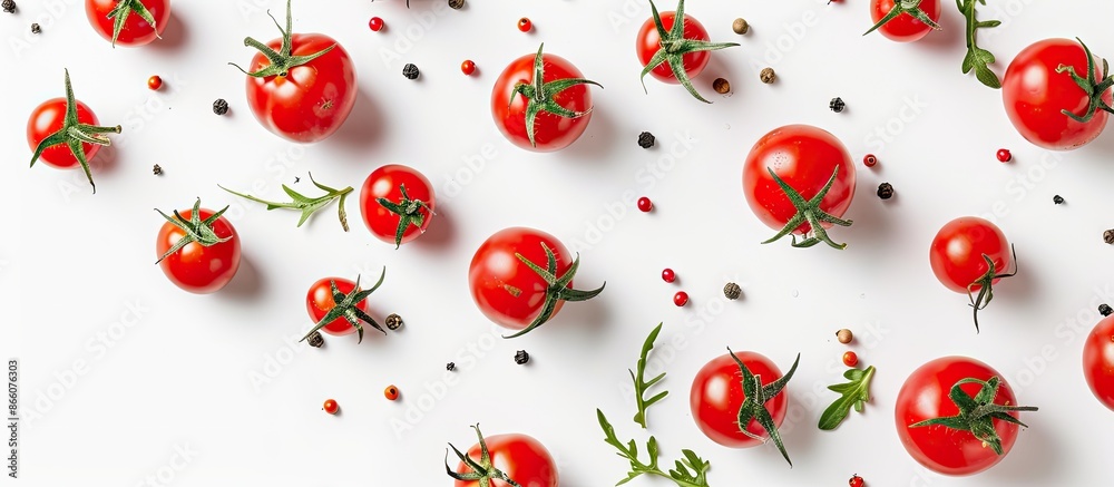 Poster A creative flat lay composition featuring tomatoes and text on a white background banner with ample copy space image.
