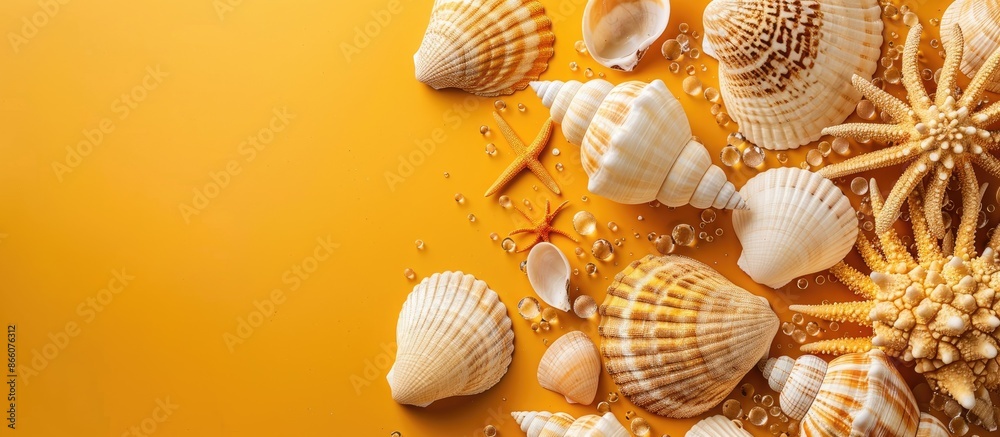 Poster sea shells in white and brown hues with coral design floating above a lively yellow backdrop, repres