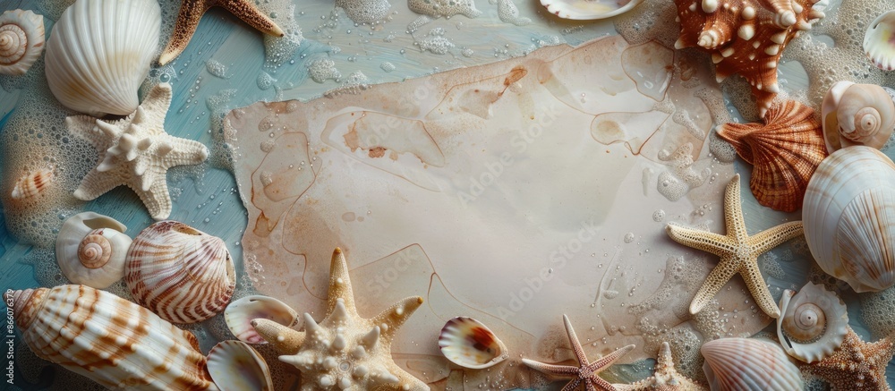 Aufkleber a vacation-themed setting adorned with shells, seastars, and a blank postcard, suitable for adding t