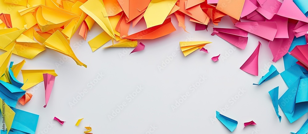 Fototapete Colorful paper pieces set against a white backdrop with empty space for text or images. Copy space image. Place for adding text and design