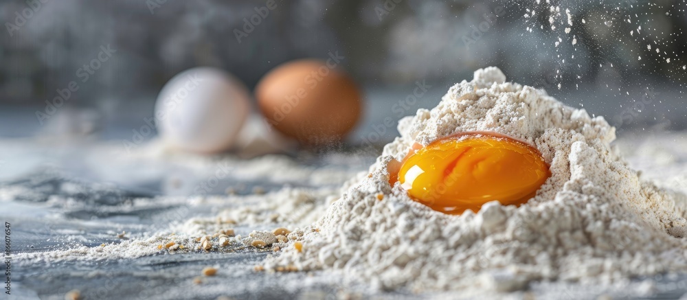 Aufkleber a vibrant image of a chicken egg coated in flour, showcasing the rich hues of the yolk and wheat flo