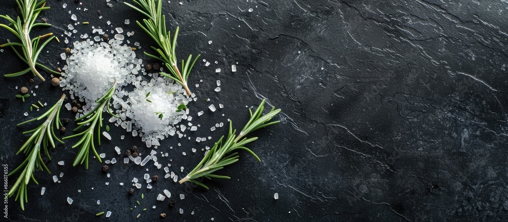 Leinwandbilder Image with salt and rosemary on a dark surface with empty space for text. Copy space image. Place for adding text and design