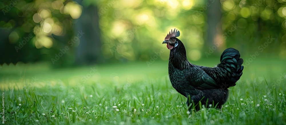 Poster A black chicken stands in a lush green field with ample room for text or other elements in the copy space image.