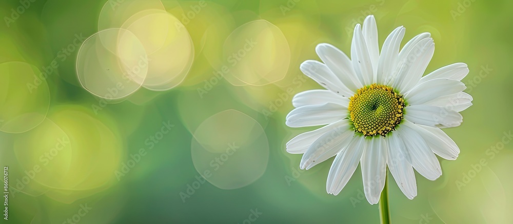Poster Close-up of a daisy flower with a blurred green background, creating a layered effect with selective focus on the flower. Copy space image included.
