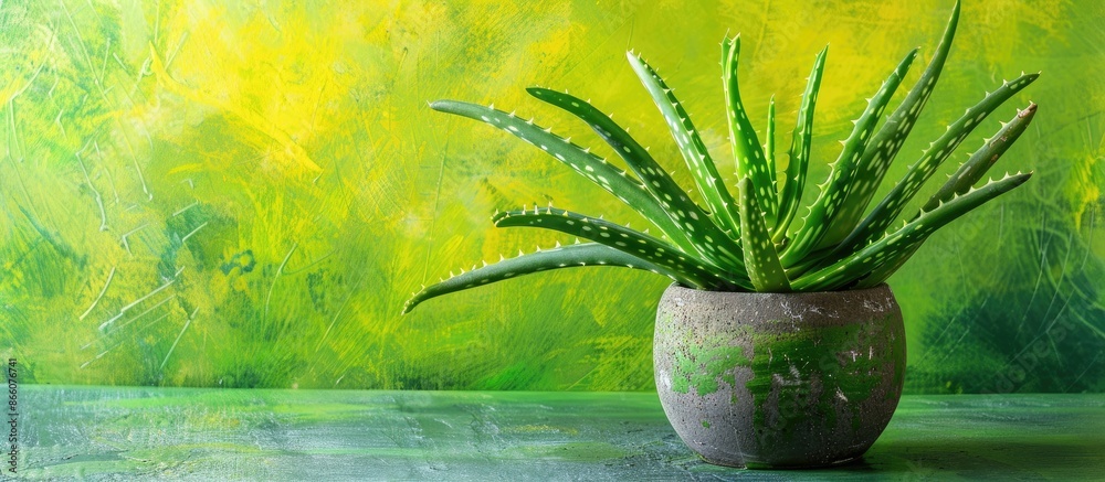 Poster succulent aloe vera in a concrete pot on a vibrant backdrop with copy space image.