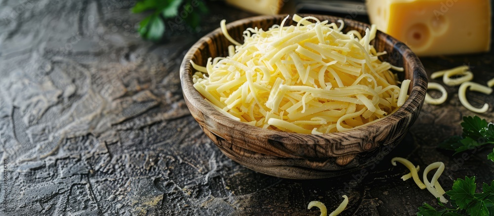 Poster a digital combination showcasing a text for national cheese day, with shredded cheese in a bowl on a