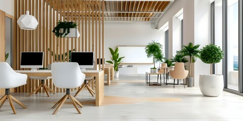 Contemporary office design with wooden accents garden view and modern furniture. Concept Office Design, Wooden Accents, Garden View, Modern Furniture, Contemporary Style