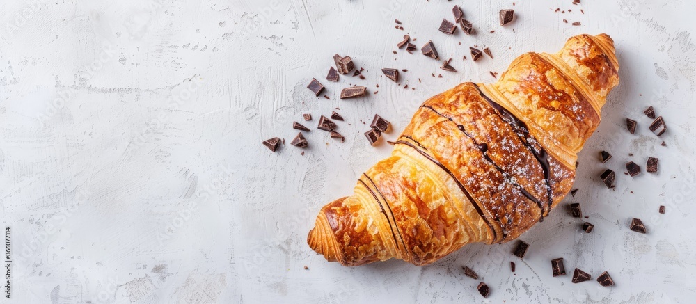 Fototapete Croissant with chocolate on a white background, with space for text or images. Copy space image. Place for adding text and design