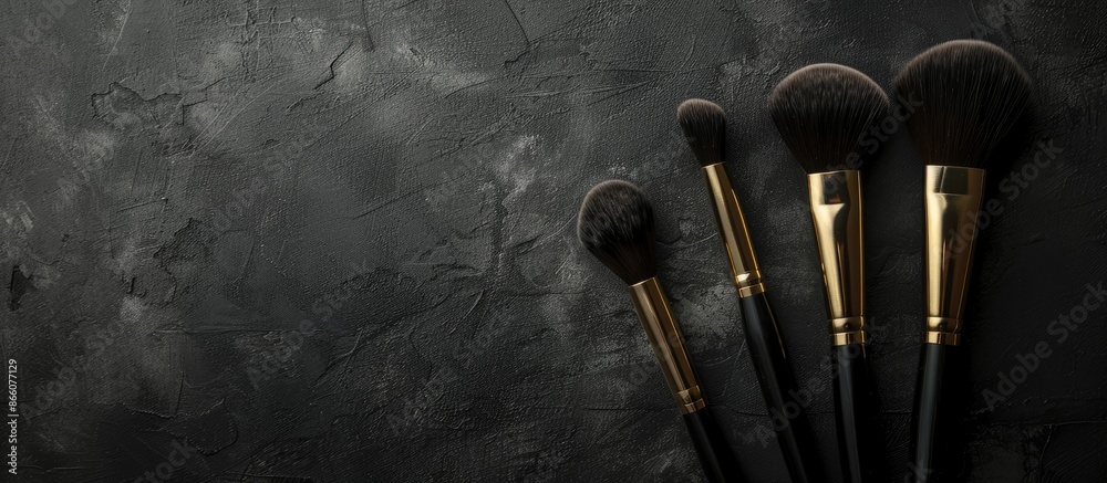 Poster professional makeup brushes displayed against a dark backdrop with copy space image.