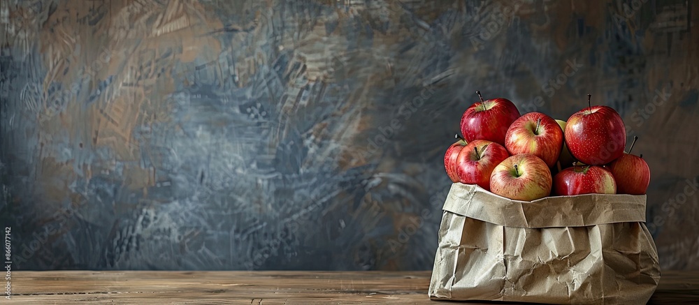 Poster On a kitchen table, there is a paper bag filled with fresh and juicy apples, next to an empty space for text or other content in an image. Copy space image. Place for adding text and design
