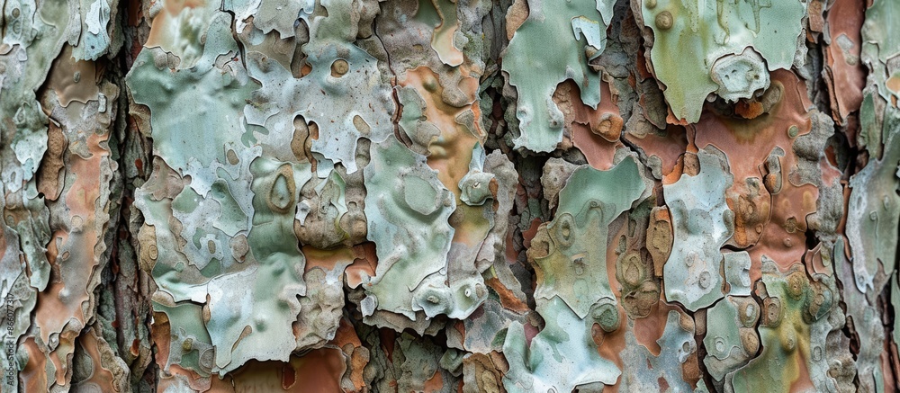 Aufkleber Close-up of tree bark with a camouflage pattern, creating an interesting visual with copy space image.