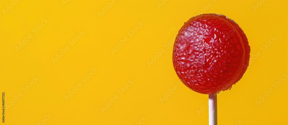 Poster Damaged lollipop against yellow backdrop with copy space image.
