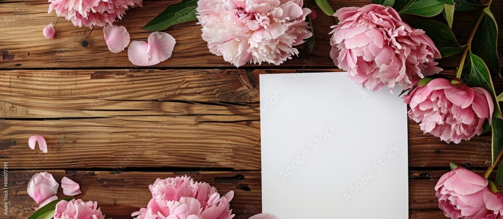 Poster rustic wooden surface adorned with white paper, pink peonies, and a copy space image - a perfect wor
