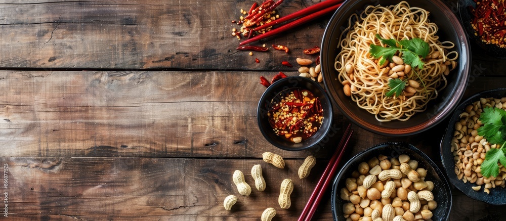 Poster wooden background sets the stage for dandan noodles, peanuts, and minced pork, creating a perfect co