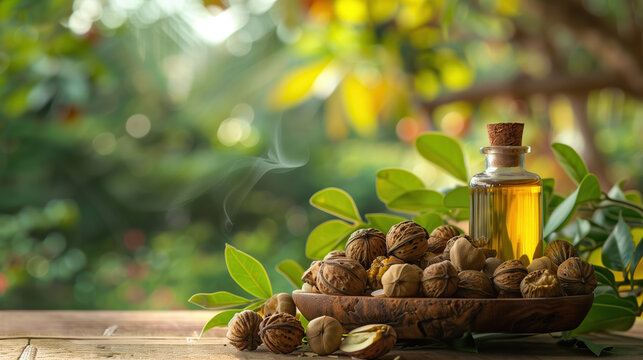 Triphala Extract in Herbal Bottle with Fresh Triphala Fruits in Vibrant Garden