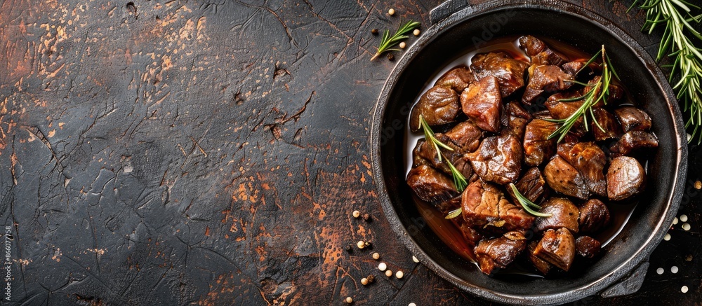 Poster Rustic top-view image of a chicken liver confit, a delectable appetizer or snack on the table with copy space in the background.