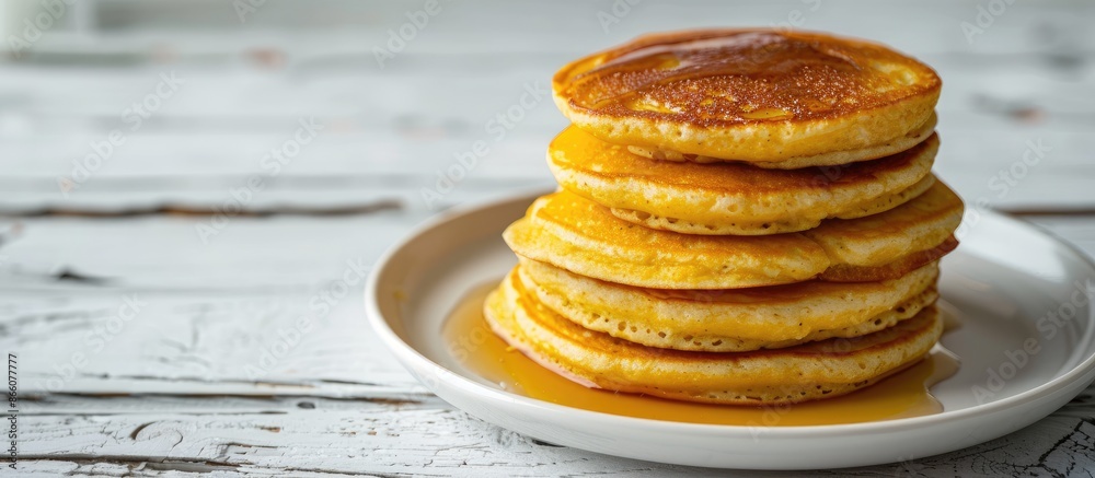 Poster homemade corn meal johnny cakes with melted butter displayed on a white plate against a white wooden