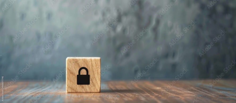 Sticker privacy policy symbol displayed on a wooden block on a beautiful grey table background, representing