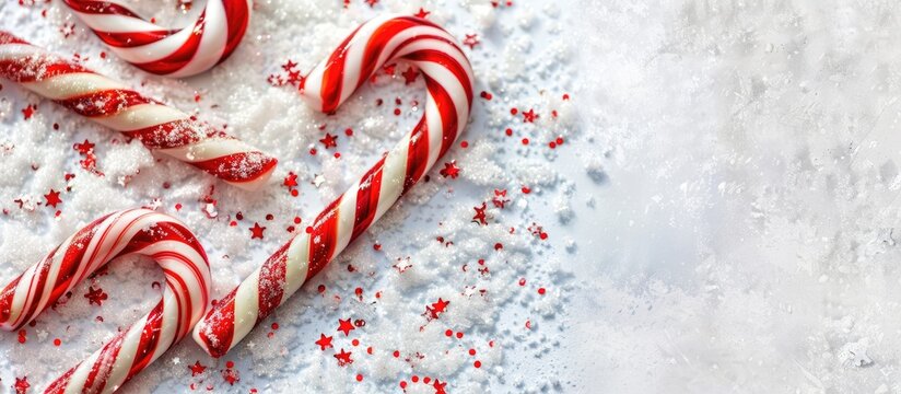 Golden candy canes with red glitter on snowy white background. Copy space image.