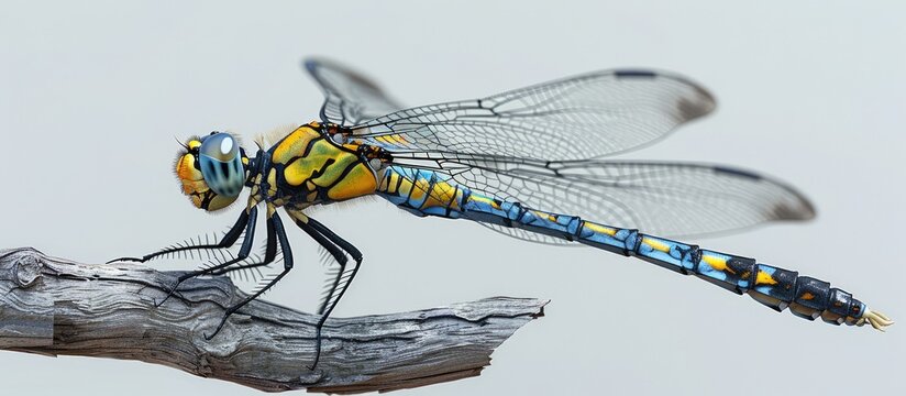 Ictinogomphus decoratus, a clubtail dragonfly, perched on a small branch with copy space in a biological and entomological context.