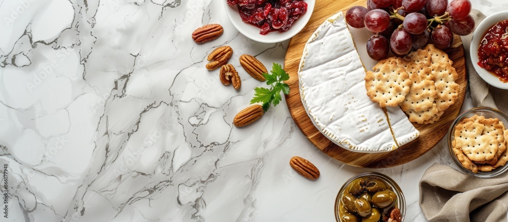 Poster top view image featuring a snack board layout on a wooden kitchen table with a camembert cheese, gra